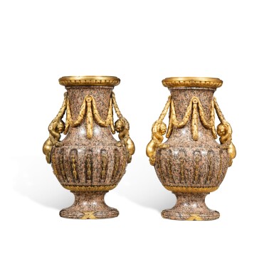 View full screen - View 1 of Lot 83. A pair of monumental vases on columns, late 18th - early 19th century, in the manner of Jean-Louis Prieur and Jean-François Forty.