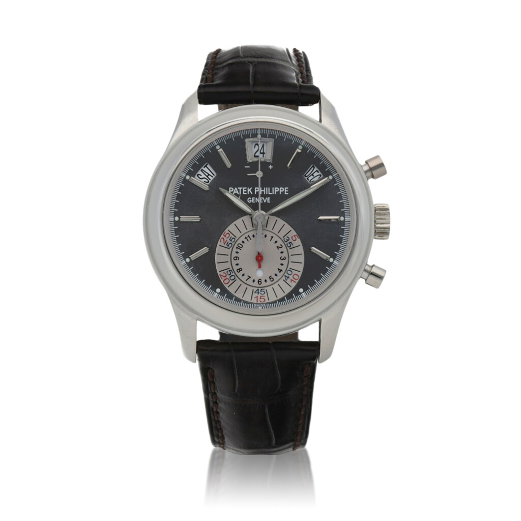 View full screen - View 1 of Lot 11. Ref. 5960P-001 Platinum annual calendar flyback chronograph wristwatch with power reserve and day/night indication Circa 2009 | 百達翡麗 | 5960P-001型號鉑金年曆飛返計時腕錶備動力儲存及晝夜顯示,年份約2009.