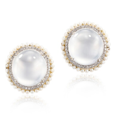 View full screen - View 1 of Lot 2832. Pair of Icy Jadeite, Seed Pearl and Diamond Earrings | 天然冰種翡翠 配 珍珠 及 鑽石 耳環一對.