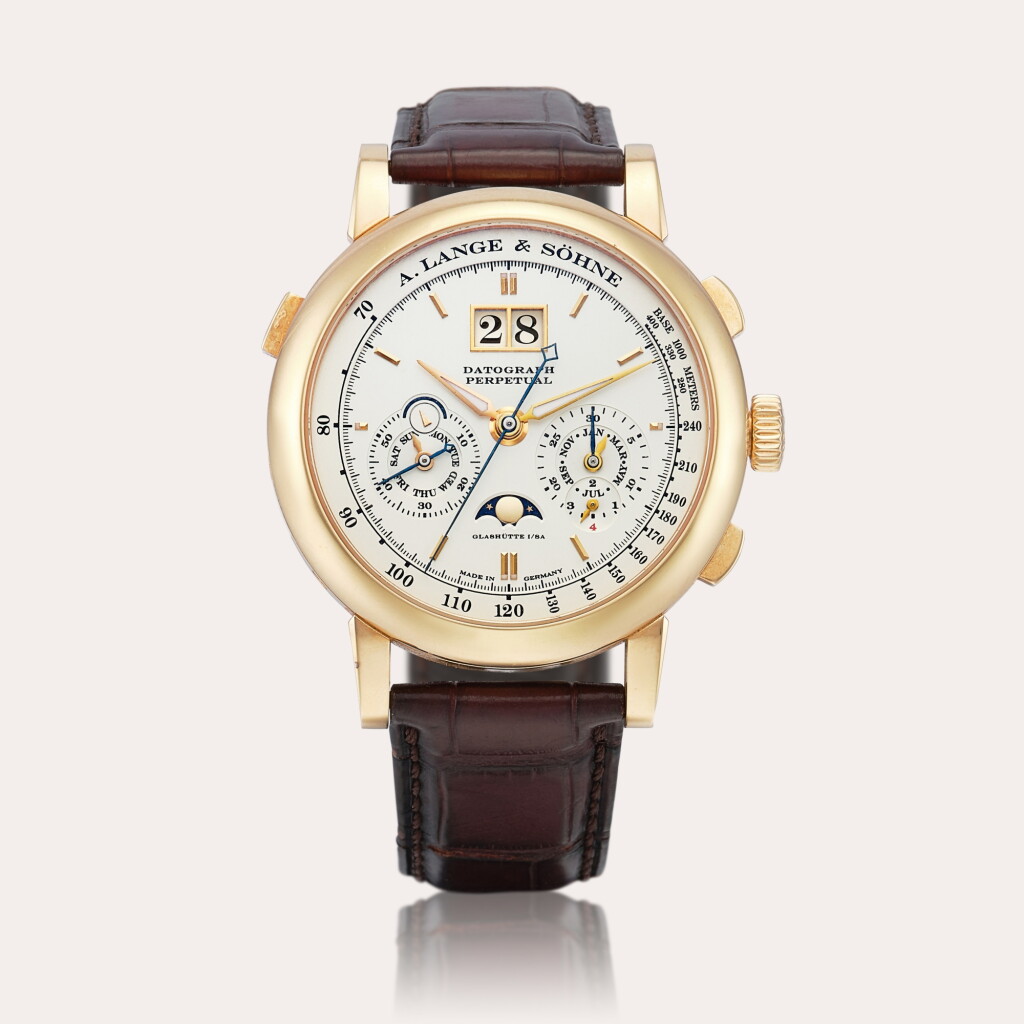 View full screen - View 1 of Lot 2256. Datograph Perpetual, Reference 410.032 A pink gold perpetual calendar flyback chronograph wristwatch with moon phases, leap year and day and night indication, Circa 2010 | 朗格 | DATOGRAPH PERPETUAL 型號410.032 | 粉紅金萬年曆飛返計時腕錶,備月相、閏年及晝夜顯示,約2010年製.