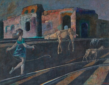 View full screen - View 1 of Lot 254. Niña saltando la cuerda, caballo, dos cabras.