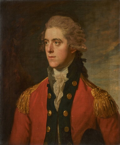View full screen - View 1 of Lot 71. Portrait of Sir William Boothby, 7th Baronet (1746–1824), half-length, wearing a regimental jacket with gold braid and buttons.