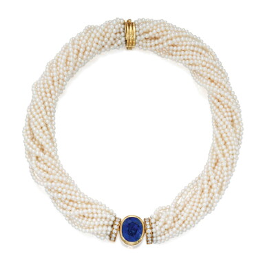 View full screen - View 1 of Lot 119. Sapphire, Seed Pearl and Diamond Necklace.
