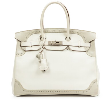 View full screen - View 1 of Lot 689. Limited Edition Gris Perle and Blanc Courchevel Birkin Ghillies 35 Palladium Hardware, 2012.