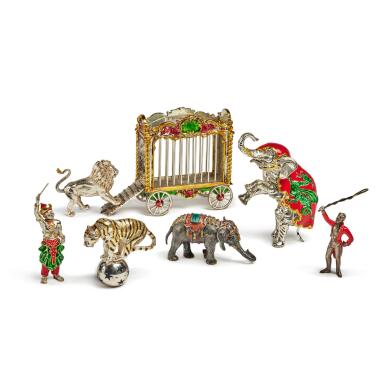 View full screen - View 1 of Lot 180. A Group of Silver and Enamel Circus Figures, Designed by Gene Moore for Tiffany & Co., New York, Circa 1990.