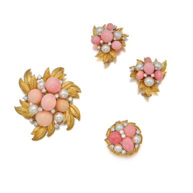 View full screen - View 1 of Lot 288. Gold, Conch Pearl, Cultured Pearl and Diamond Ring, Brooch and Pair of Earclips.