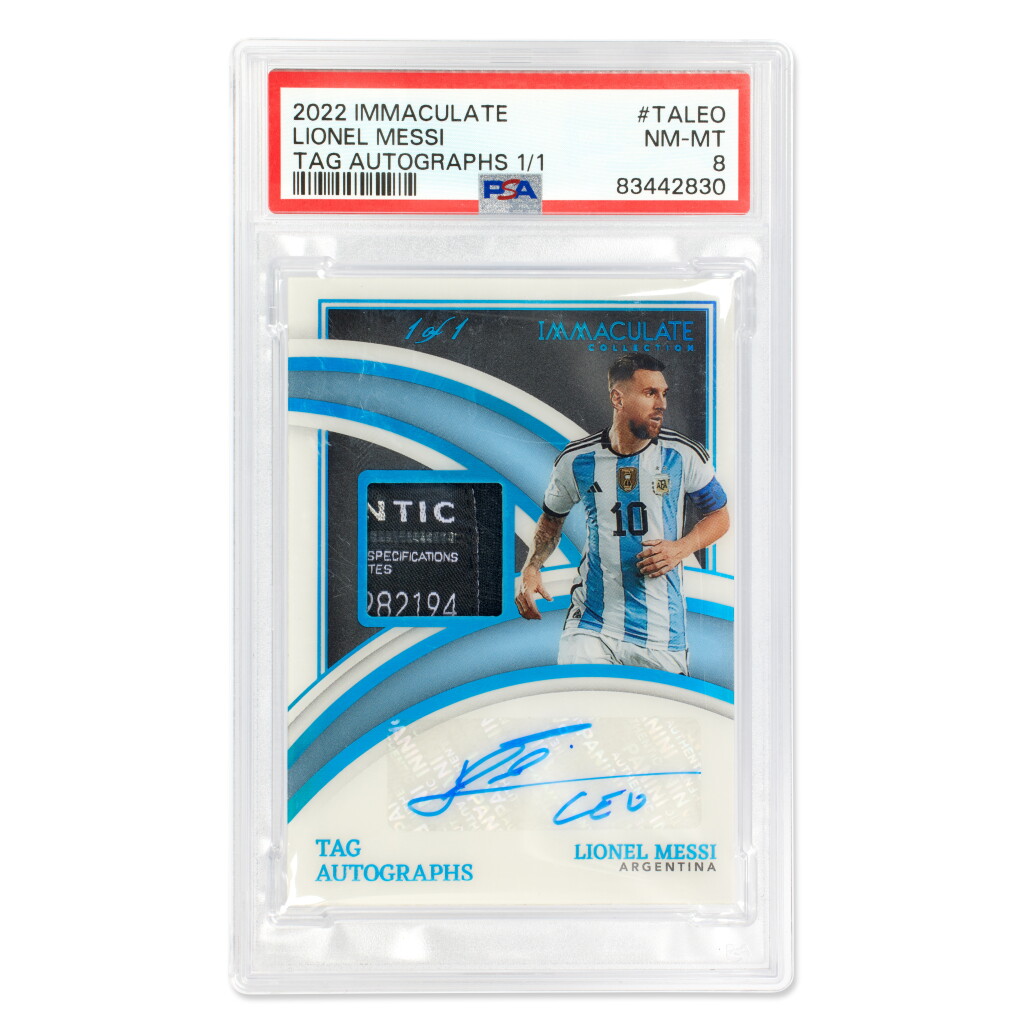 View full screen - View 1 of Lot 6. Lionel Messi Argentina 2022 Panini Immaculate Collection Soccer Tag Patch Autograph #TA-LEO PSA 8 | 1-of-1 | Match-Worn Material.