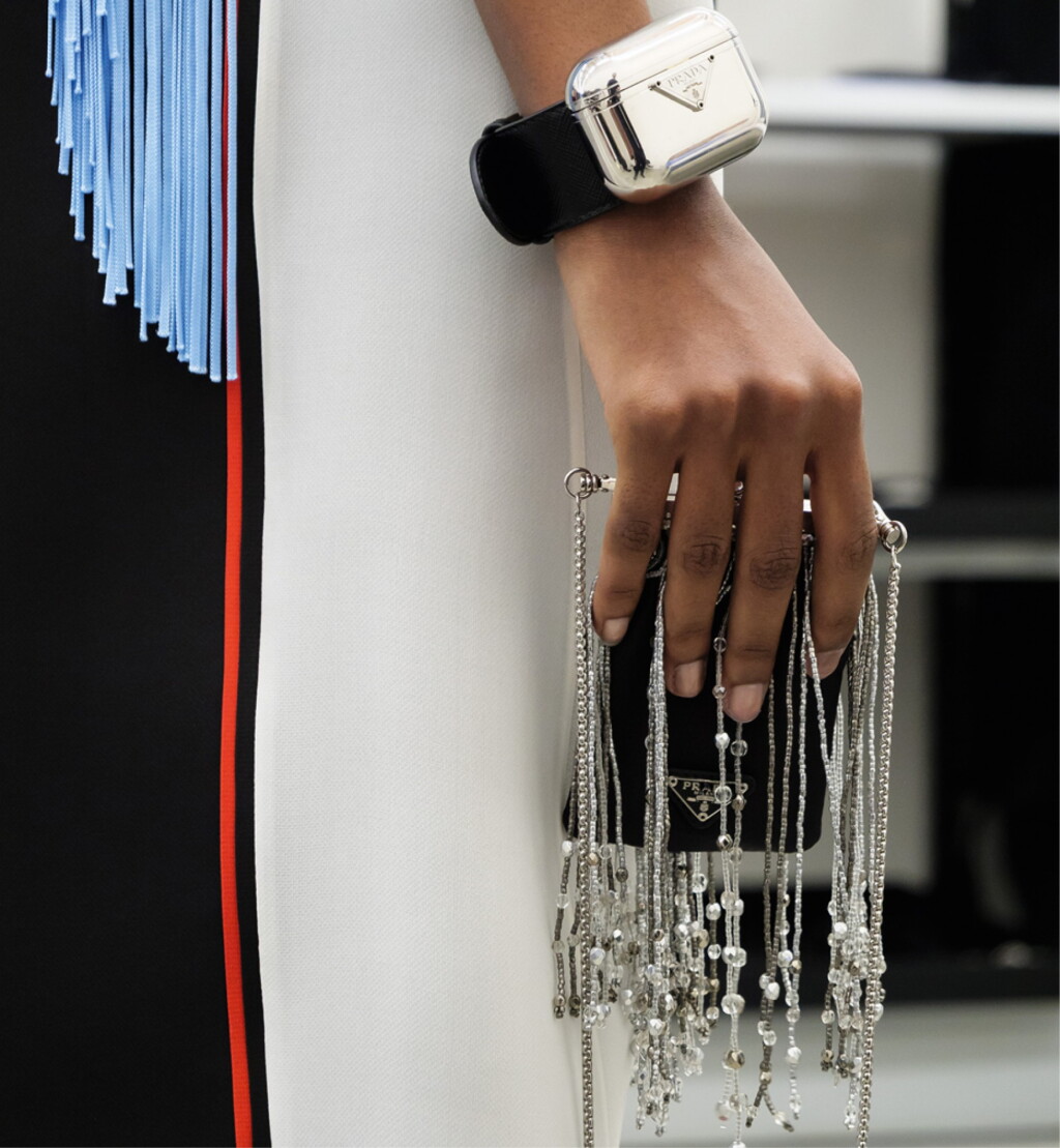 View full screen - View 1 of Lot 11. PRADA | SAFFIANO LEATHER AND METAL VANITY BRACELET AND UNIQUE BEADED FRINGE MINI BAG.