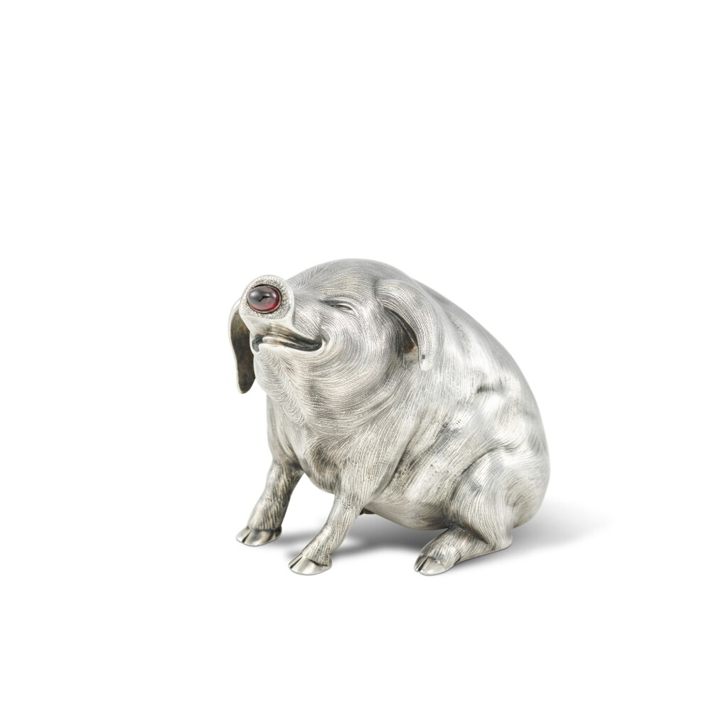 View full screen - View 1 of Lot 228. A Fabergé gem-set silver bell push in the form of a pig, workmaster Julius Rappoport, St Petersburg, 1904-1908.