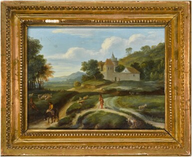 View full screen - View 1 of Lot 104. A landscape with sheep and drovers by a castle.
