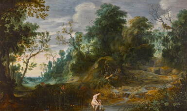 View full screen - View 1 of Lot 196. A wooded landscape with a nymph bathing by a stream.