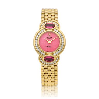 View full screen - View 1 of Lot 8646. Cellini, Reference 5179 | A yellow gold, diamond and pink-sapphire set bracelet watch with rose jasper dial, Circa 1995 | 勞力士 | Cellini 型號5179 | 黃金鑲鑽石及粉紅色藍寶石鏈帶腕錶,備碧玉錶盤,約1995年製.
