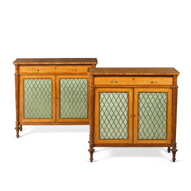 View full screen - View 1 of Lot 142. A set of two George III satinwood and tulipwood side cabinets, circa 1800.