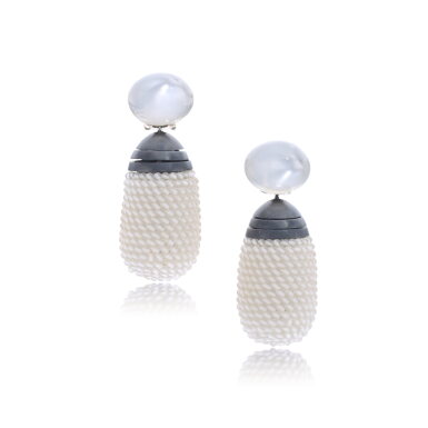 View full screen - View 1 of Lot 705. Pair of moonstone and iron pendent earrings.