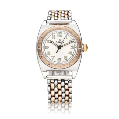 View full screen - View 1 of Lot 383. Reference 3359 Bubbleback | A stainless steel and pink gold automatic wristwatch with bracelet, Circa 1938.