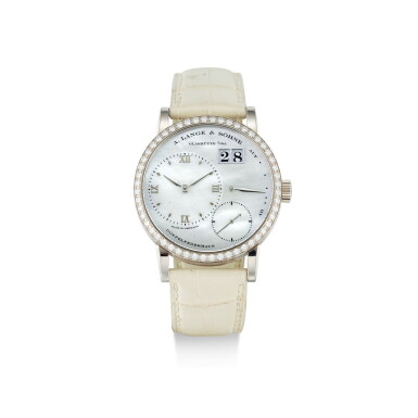 View full screen - View 1 of Lot 352. A. LANGE & SÖHNE | LANGE 1, REFERENCE 813.029, A LIMITED EDITION WHITE GOLD AND DIAMOND-SET WRISTWATCH WITH DATE, POWER RESERVE INDICATION AND MOTHER-OF-PEARL DIAL, CIRCA 2006.