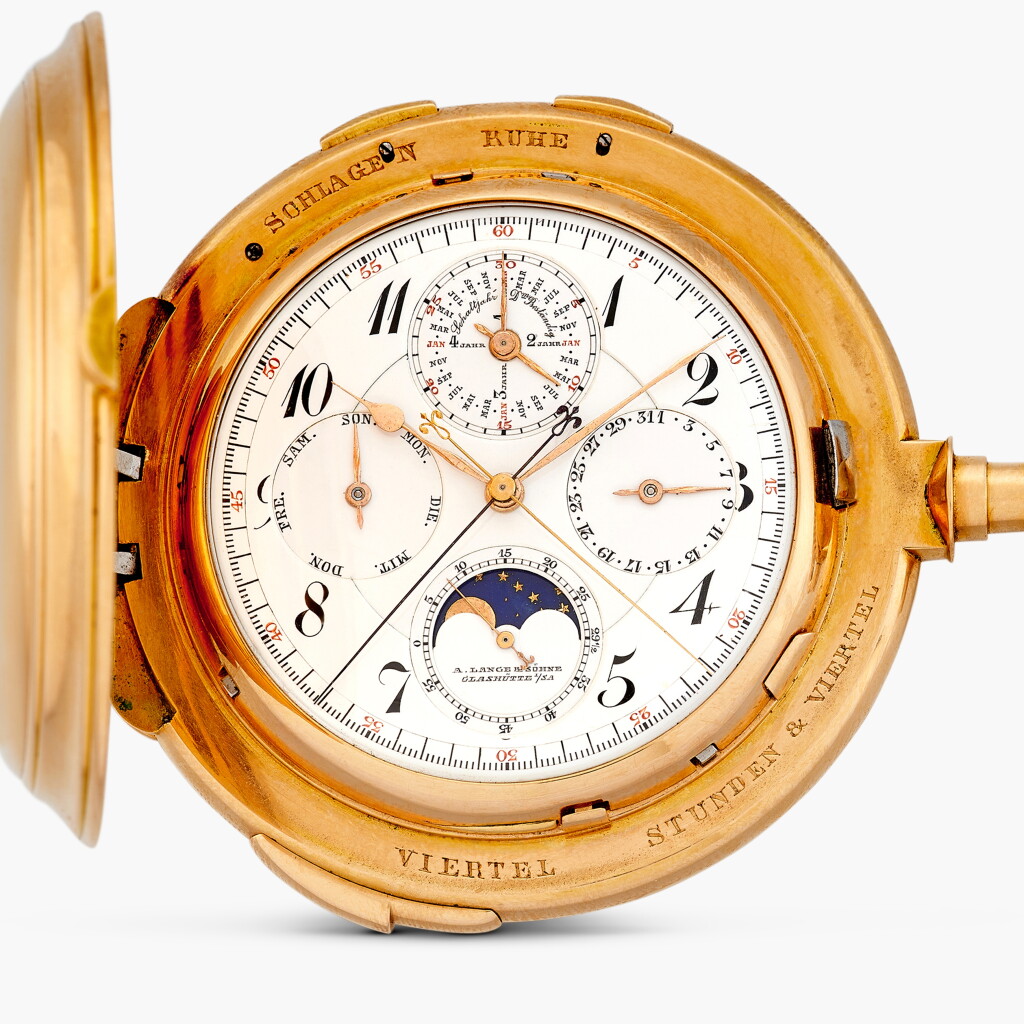 View full screen - View 1 of Lot 31. An extremely rare and highly important, fresh to the market, pink gold, hunting cased, perpetual calendar, minute repeating, grande and petite sonnerie, keyless lever clock watch with moon phases, double chronograph and register, No. 62'508 | Circa 1916. The fifth watch in the series of nine Grande Complications, and the final example made in pink gold.