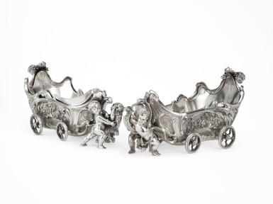 View full screen - View 1 of Lot 344. A PAIR OF FRENCH SILVER FIGURAL CHARIOT CENTERPIECES, FLAMANT ET FILS, PARIS, CIRCA 1890.