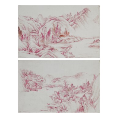 View full screen - View 1 of Lot 970. A PAIR OF PUCE-ENAMELED 'LANDSCAPE' PLAQUES, QING DYNASTY, 19TH CENTURY.