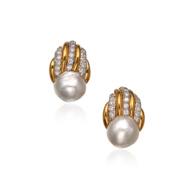 View full screen - View 1 of Lot 219. Pair of Platinum, Eighteen-Karat Gold and Diamond Earclips.