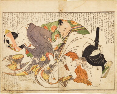 View full screen - View 1 of Lot 17. Katsushika Hokusai (1760-1849) | Three shunga woodblock-printed book plates | Edo period, 19th century.