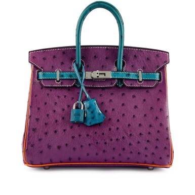 View full screen - View 1 of Lot 9710. Important Private Collection: Violet, Bleu Jean and Orange Ostrich Custom Birkin 25 Palladium Hardware, 2006.