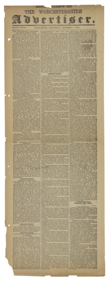 View full screen - View 1 of Lot 55. (JACK THE RIPPER) | Extensive coverage of Jack the Ripper in Supplement to the Worcestershire Advertiser, Market Edition. Worcester, Saturday October 6, 1888.