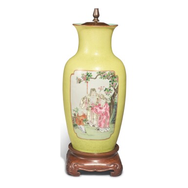 View full screen - View 1 of Lot 282. A CHINESE YELLOW GROUND FAMILLE-ROSE SGRAFFIATO 'FIGURAL' VASE, NOW MOUNTED AS A LAMP, REPUBLIC PERIOD .