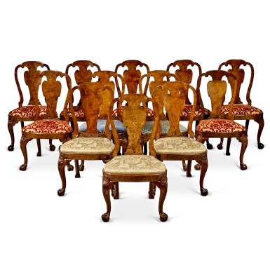 View full screen - View 1 of Lot 8. A Rare Set of Twelve George II Burr Walnut Side Chairs, Attributed to Giles Grendey, Second Quarter 18th Century.