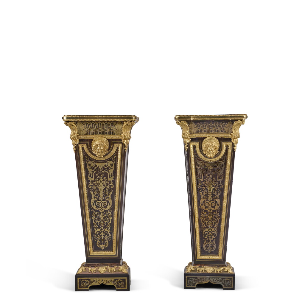 View full screen - View 1 of Lot 664. A Pair of Louis XIV Style Gilt Bronze Mounted Ebony and Première Partie Brass and Tortoiseshell Boulle Marquetry Pedestals, late 19th/20th Century.