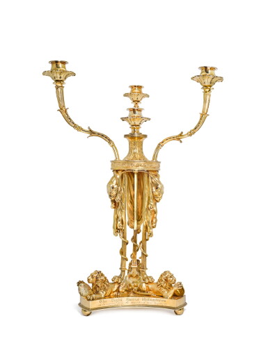 View full screen - View 1 of Lot 75. A GEORGE III SILVER-GILT PRESENTATION FOUR-LIGHT CANDELABRUM, DIGBY SCOTT & BENJAMIN SMITH, LONDON, 1806.