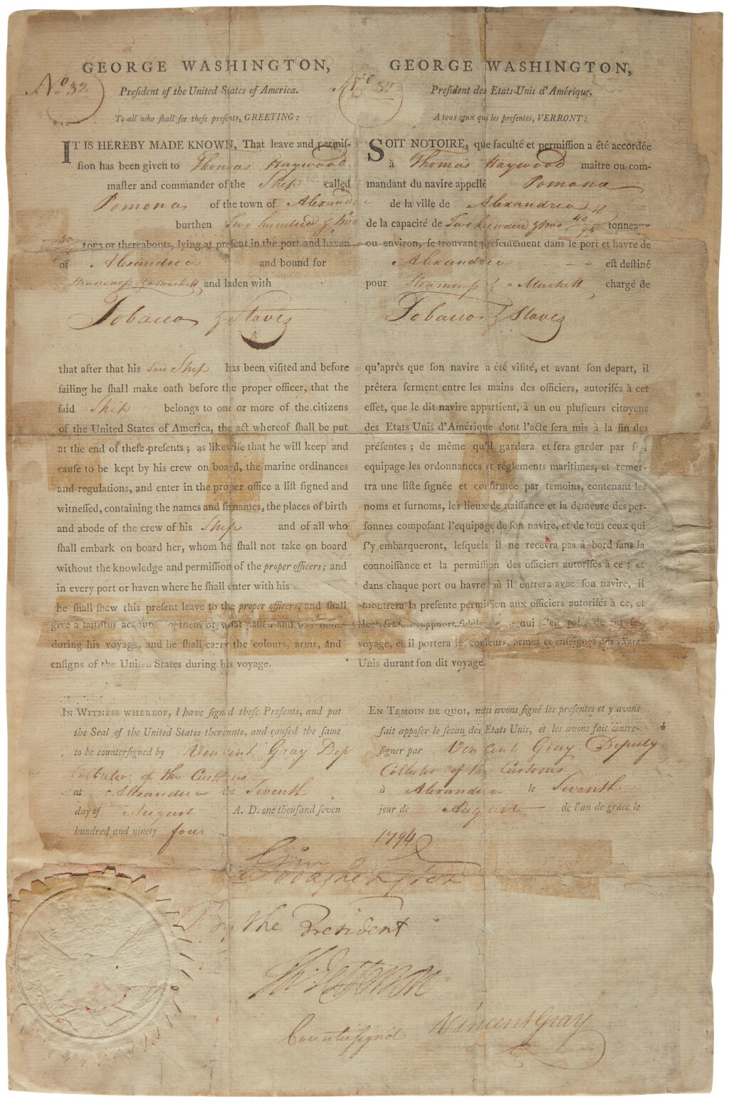 View full screen - View 1 of Lot 2165. Washington, George. Three-language ship's papers signed, before 7 August 1794.