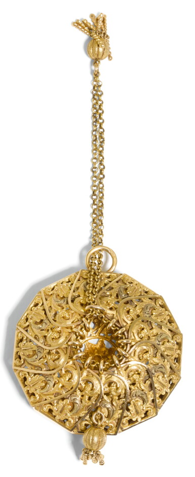 View full screen - View 1 of Lot 45. A VARI-COLOURED OPENWORK GOLD COIN PURSE, JEAN-GASPARD BUTZ, PARIS, CIRCA 1835.