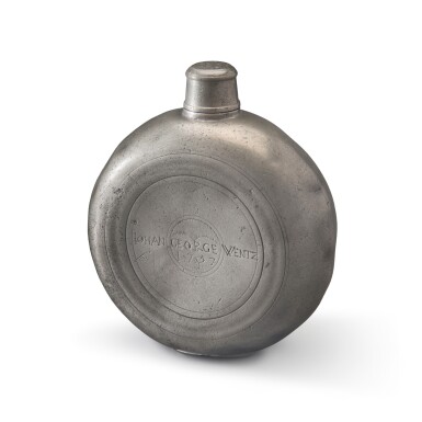 View full screen - View 1 of Lot 384. Very Rare Pewter Flask, Johann Christoph Heyne (1715–1781), Lancaster, Pennsylvania, Dated 1757.