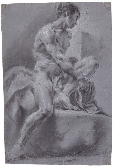 View full screen - View 1 of Lot 126. Two Academy Studies: A) Seated male nude, his left leg raised B) A male nude, looking upwards, one hand raised, the other across his chest.