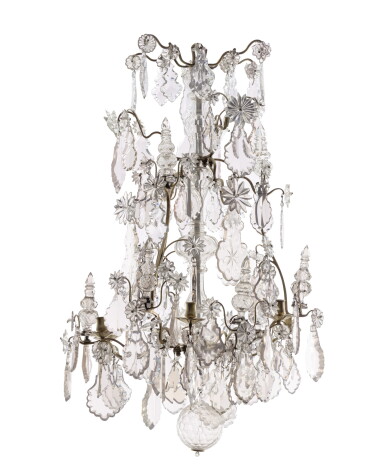 View full screen - View 1 of Lot 127. A CUT-GLASS AND GILT-BRONZE CHANDELIER, PARTLY 18TH CENTURY | LUSTRE EN VERRE TAILLÉ ET BRONZE DORÉ EN PARTIE DU XVIIIE SIÈCLE.