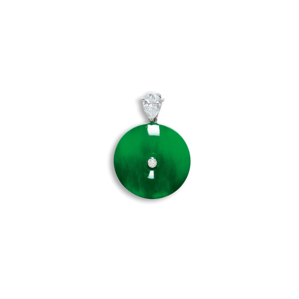 View full screen - View 1 of Lot 1773. JADEITE AND DIAMOND PENDANT 天然翡翠雕「懷古」 配 鑽石 吊墜g.