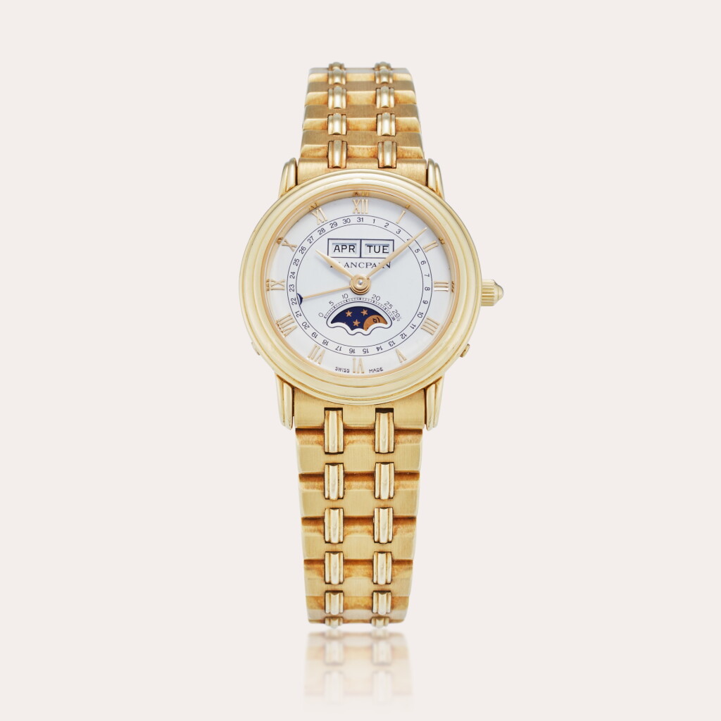 View full screen - View 1 of Lot 356. Villeret | A yellow gold triple calendar wristwatch with moon phases and bracelet, Circa 1986.
