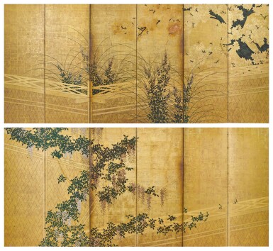 View full screen - View 1 of Lot 2034. Attributed to the Hasegawa School, Wicker fence among wisteria, maple, bush clover and pampas grass, Edo period, early 17th century | 長谷川派 網代垣藤花・萩薄図屏風 江戸時代初頭 17世紀前半.