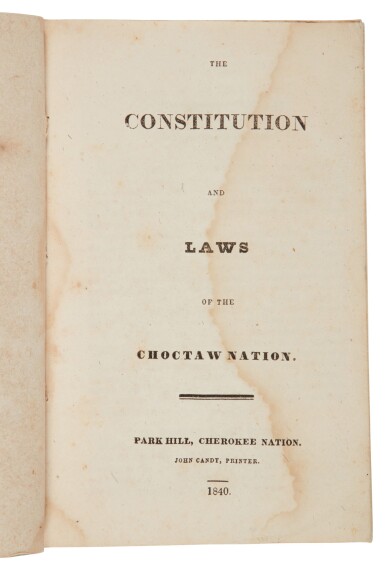 View full screen - View 1 of Lot 10. Choctaw Nation | "The earliest known printing of Choctaw laws …".