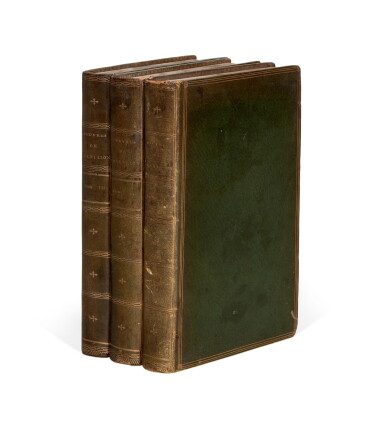 View full screen - View 1 of Lot 167. Crébillon | Oeuvres complettes, Paris, 1785, 3 volumes, green morocco gilt by Derome, with his ticket.