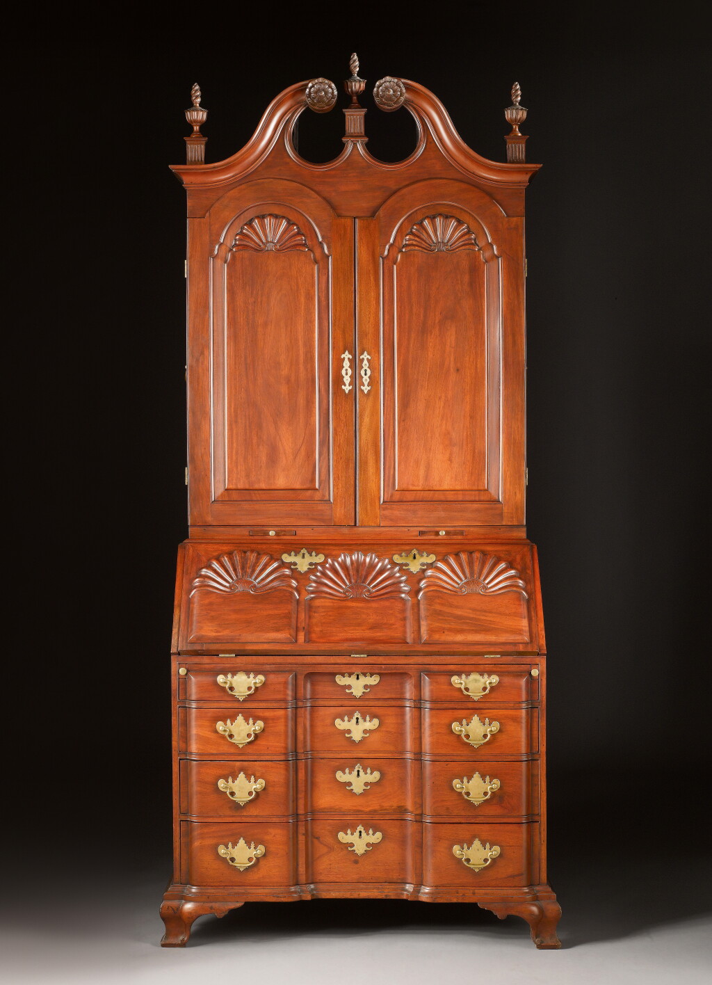 View full screen - View 1 of Lot 841. The Important Corlis-Bowen Family Chippendale Block and Shell-Carved and Figured Mahogany Bonnet-Top Desk-And-Bookcase, Attributed to the Shop of John Carlile, Sr., Providence, Rhode Island, Circa 1770.