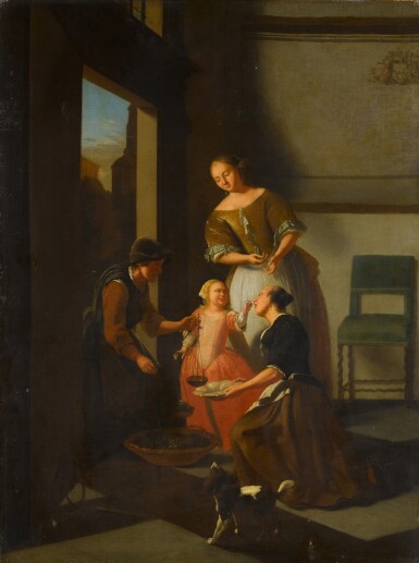 View full screen - View 1 of Lot 155. Figures in an interior with a grape-seller at the door.