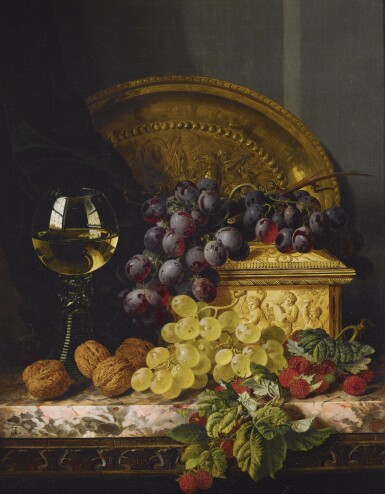 View full screen - View 1 of Lot 759. Edward Ladell | GRAPES, RASPBERRIES, WALNUTS, A WINE GLASS, AN ORNAMENTAL PLATTER AND AN IVORY CASKET ON A MARBLE LEDGE.