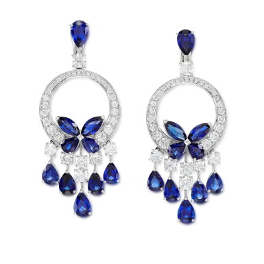 View full screen - View 1 of Lot 72. Pair of sapphire and diamond earrings, 'Classic Butterfly'.