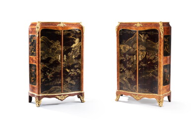 View full screen - View 1 of Lot 378. A pair of Louis XV gilt-bronze mounted, tulipwood, kingwood and lacquer armoires, circa 1750, stamped by BVRB | Paire d'armoires en marqueterie de bois de rose, bois de violette, panneaux de laque et monture de bronze doré, d'époque Louis XV, vers 1750, estampille de BVRB.