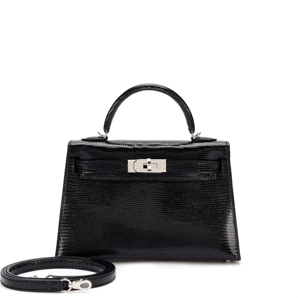 View full screen - View 1 of Lot 934. Black Shiny Niloticus Lizard Mini Kelly II 20 Palladium Hardware, 2023.