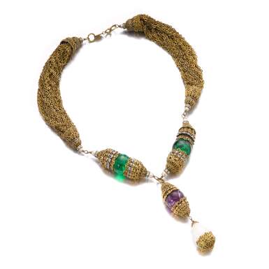 View full screen - View 1 of Lot 737. Purple and Green Glass and Resin Pearl Gold Plated Byzantine Drop Necklace, Cir 1980's.