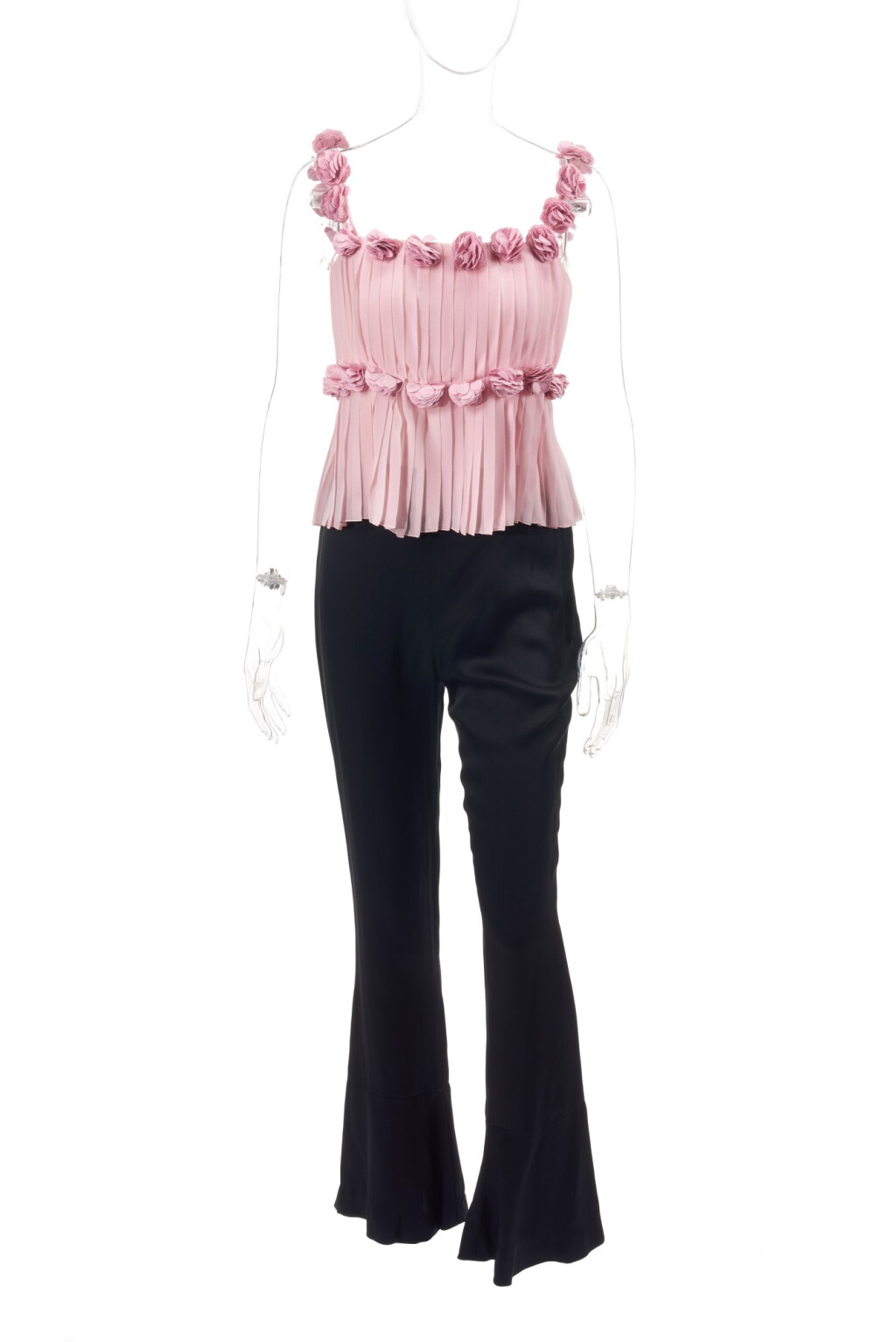 View full screen - View 1 of Lot 25. Black silk trousers and powder pink top.