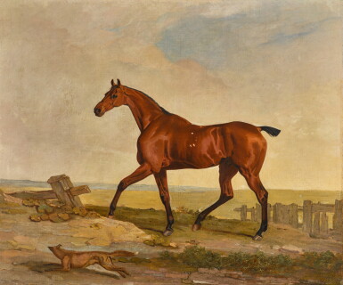 View full screen - View 1 of Lot 149. A bay hunter in an open landscape, a fox running at its side.